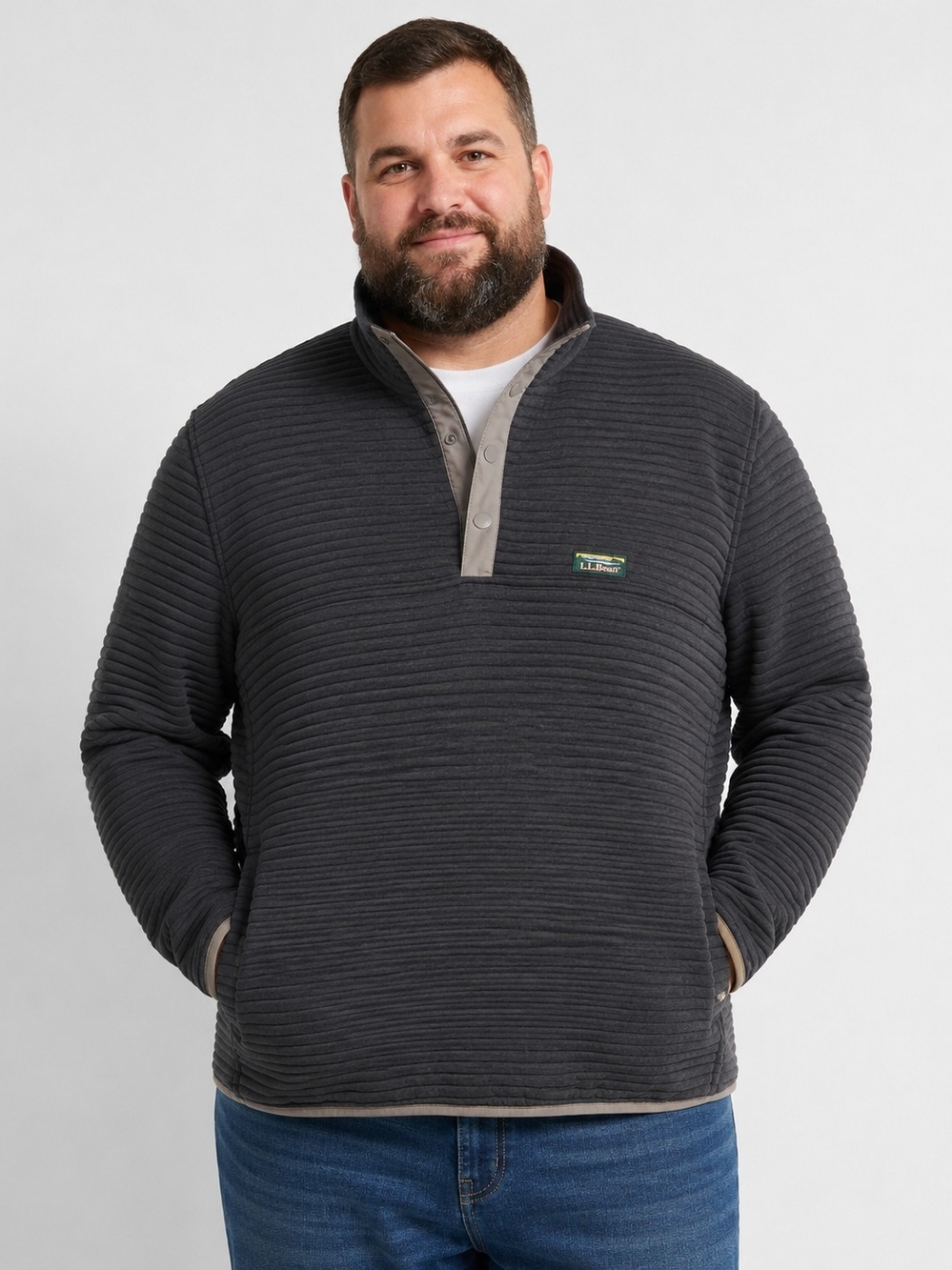 L.L. Bean Men's Charcoal Ribbed Snap-Placket Pullover Sweater